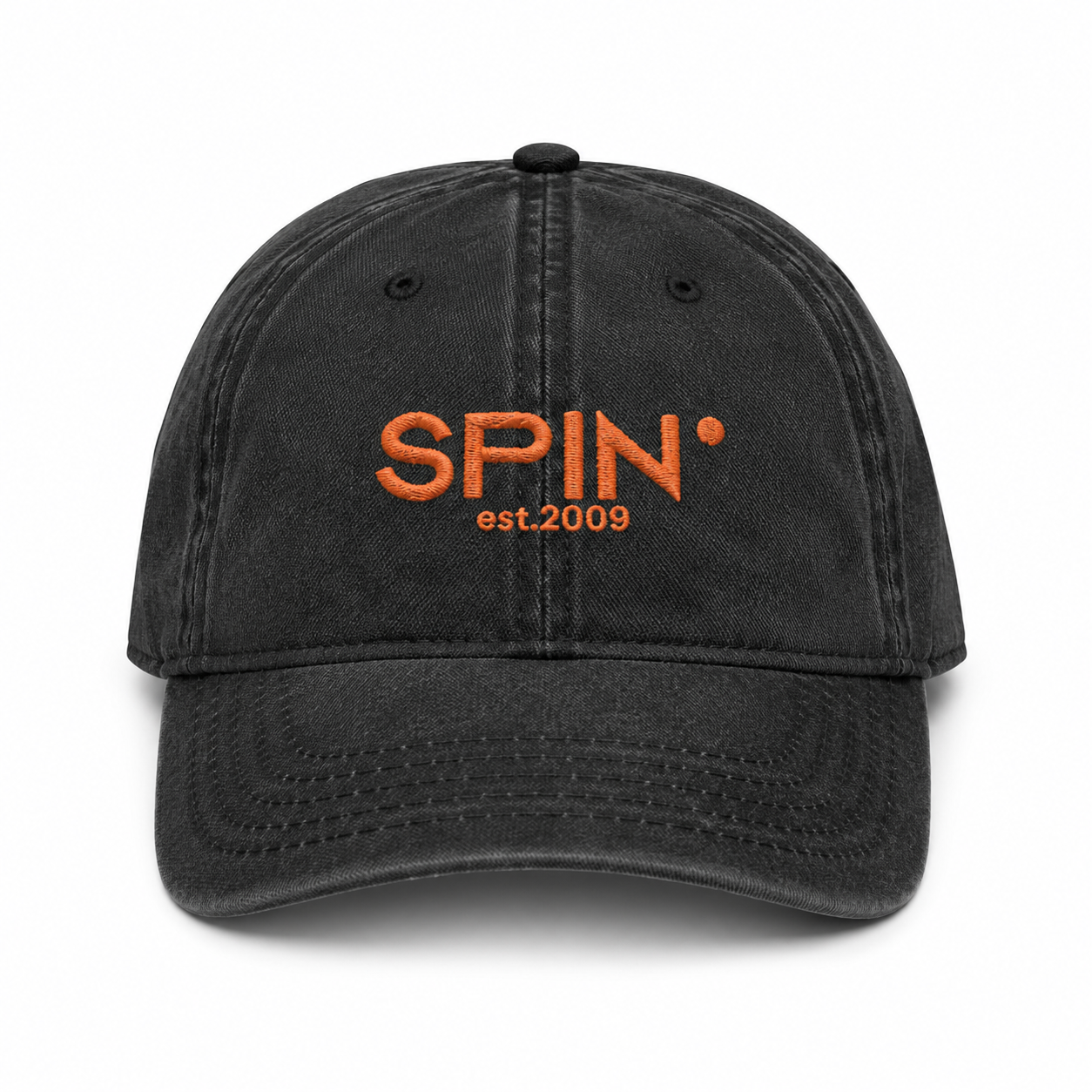 SPIN Club Cap black, front, SPIN est. 2009 in orange