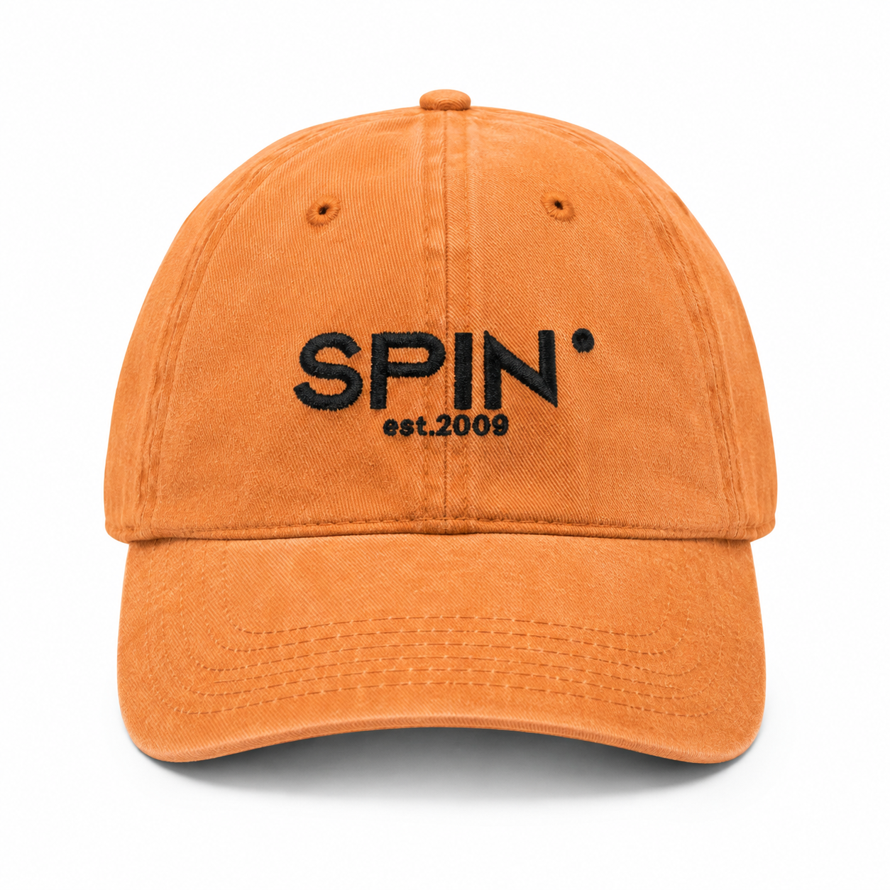SPIN Club Cap orange, front, SPIN est. 2009 in black